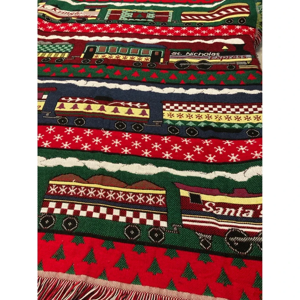 Christmas Holiday Woven Throw Blanket Santa Trains Kringle Railway Decor